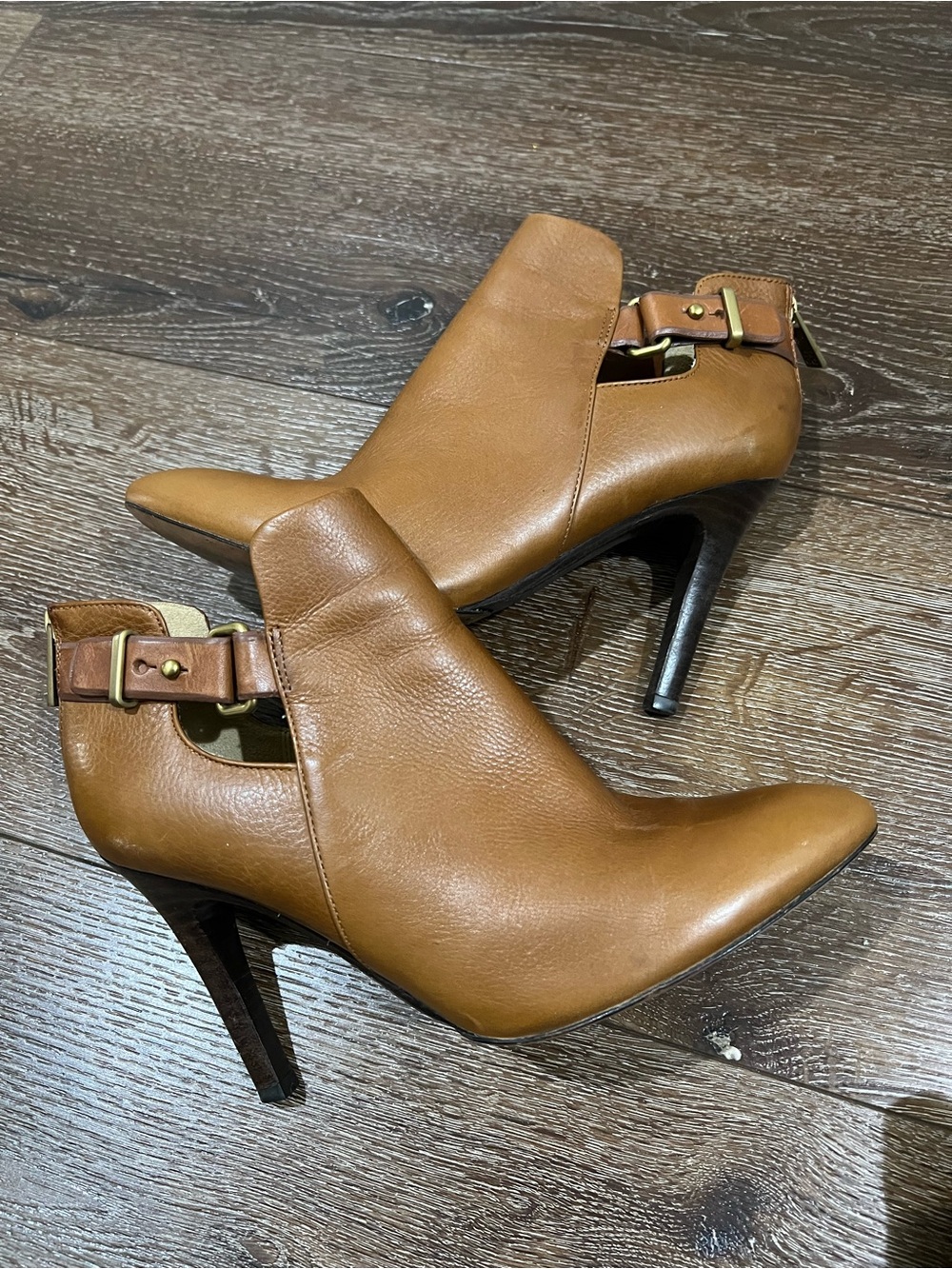 Coach mason Leather High-Heel Ankle Booties with Buckle Detail brown size 8.5